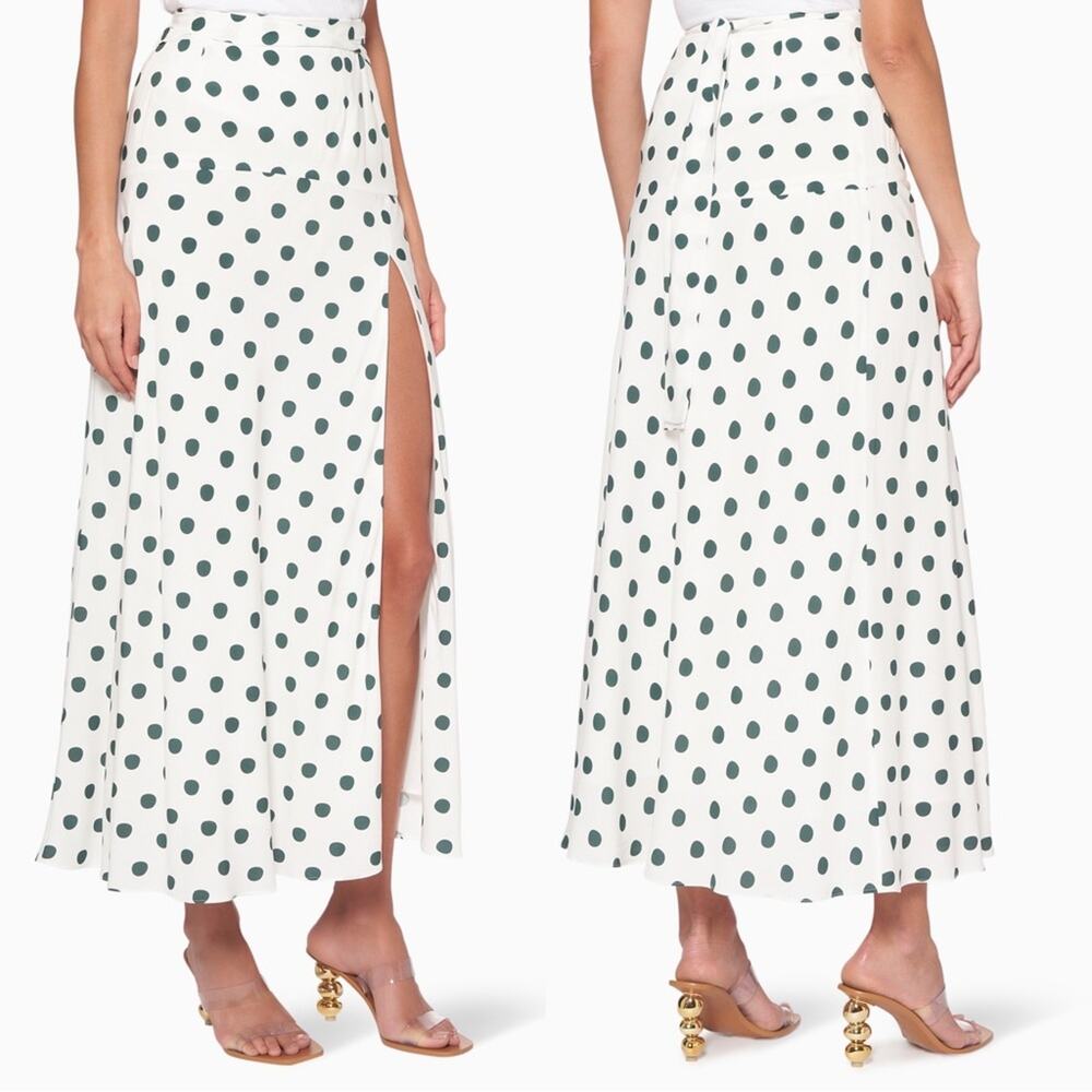 PEONY Le Spot Maxi Skirt SZ 2 Green Polka Dot Thigh High Slit eco-Conscious NWT